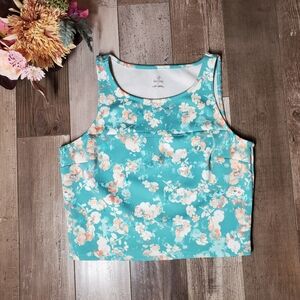 DECREE Large Crop Top Women's Teal Blue Floral Keyhole Front Stretchy Tank NWOT